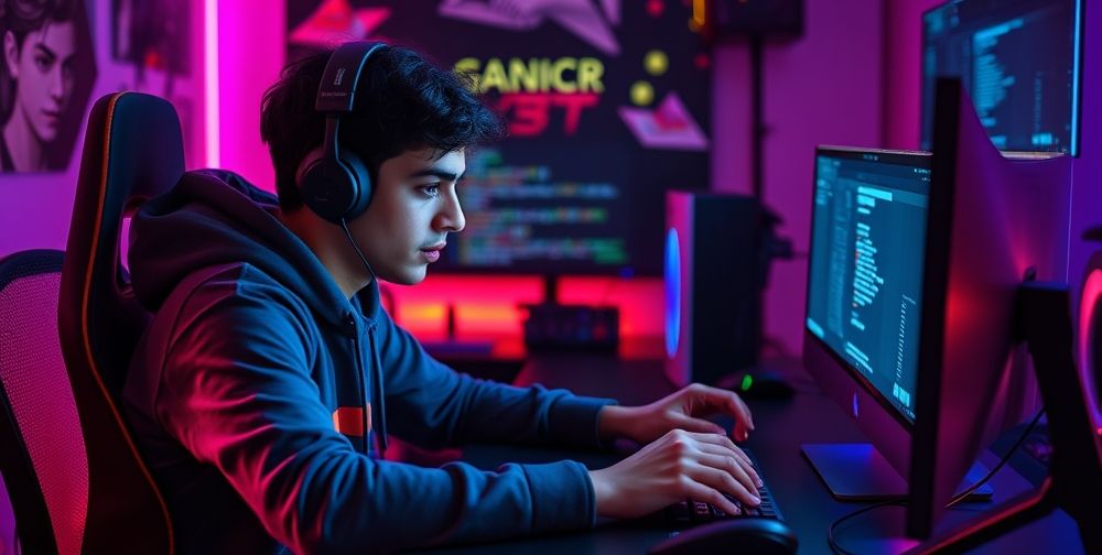 A modern Persian teenager sits at a sleek RGB-lit gaming setup, focused intently on a strategy game, with code and creative sketches visible nearby, symbolizing both cognitive skill and creativity inspired by gaming.