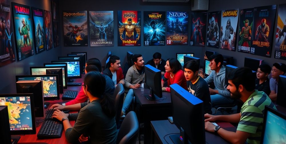 A lively Iranian internet café at night, filled with diverse youth gathered around colorful monitors, excitedly collaborating on multiplayer games, laughter and teamwork evident, posters of classic and modern video games on the walls.