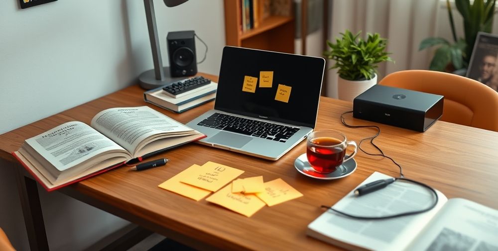 A creative desk in a modern Iranian home, with open books, motivational post-its, a small gaming laptop, headphones, and a cup of Persian tea, highlighting how gaming, learning, and ambition blend together in contemporary life.
