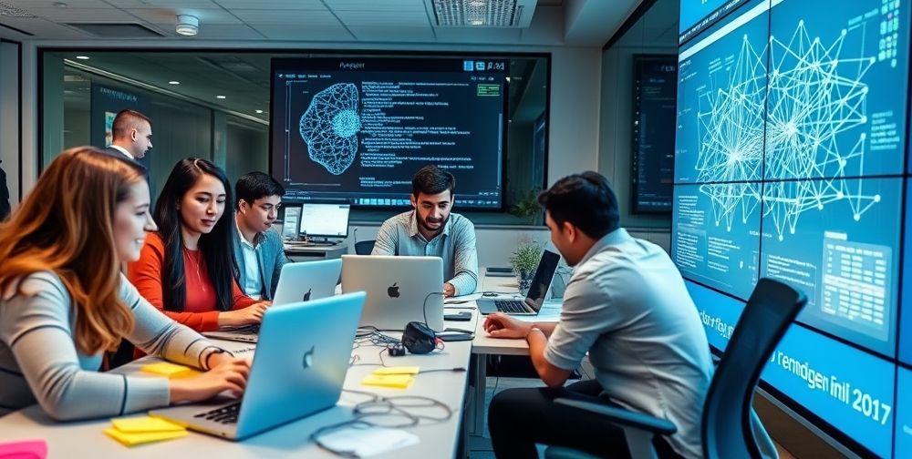 A modern Iranian office space where young AI professionals, including women and men, collaborate over laptops filled with code, colorful post-it notes, and large digital screens showcasing neural network diagrams and data visualizations.
