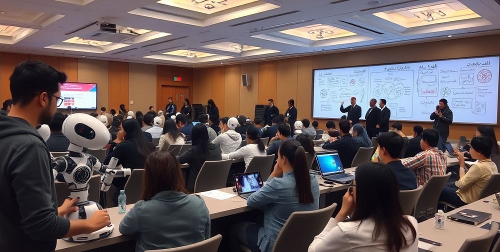 A dynamic conference hall in Tehran during an AI symposium, featuring Iranian students and tech experts interacting with robots, AR interfaces, and digital whiteboards filled with Farsi AI project ideas.