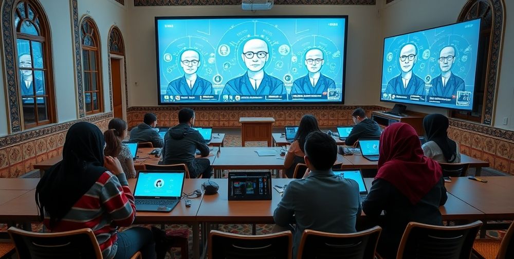 A modern classroom scene showing Iranian students with laptops and tablets, interacting with intelligent virtual tutors displayed on large digital screens. The room blends traditional Persian architecture with futuristic technology, representing the fusion of modern AI education and cultural heritage.