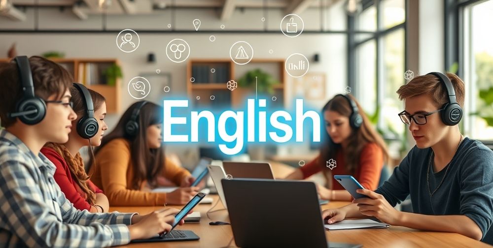 A diverse group of students from different age groups using voice recognition headsets and smart devices in a vibrant co-working space. Holographic icons and animated English vocabulary words float in the air, highlighting AI-assisted learning ambiance.