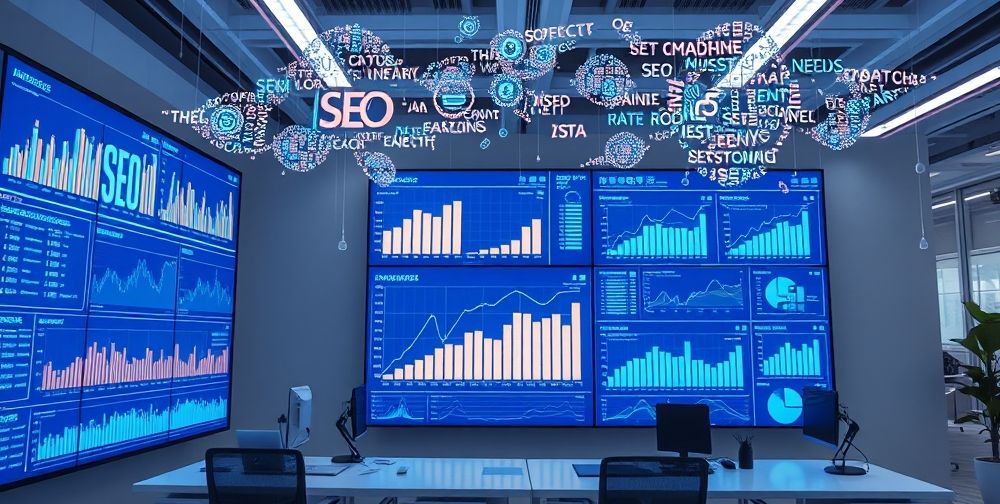 A modern digital workspace: Large high-resolution screens display dynamic SEO analytics, while AI-generated graphs and keyword clouds float above, conveying the power and synergy of artificial intelligence and search engine optimization in a bright, tech-forward office.