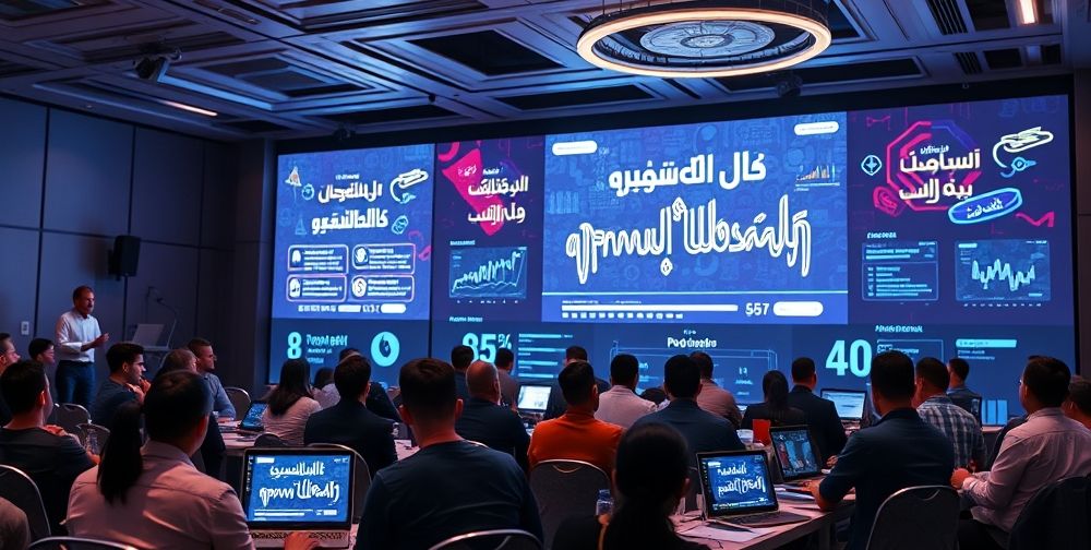 A futuristic Persian tech conference: Digital displays showcase Persian websites, AI-driven ranking charts, and passionate young experts discussing AI and SEO under soft neon lights amid a blend of tradition and modernity.