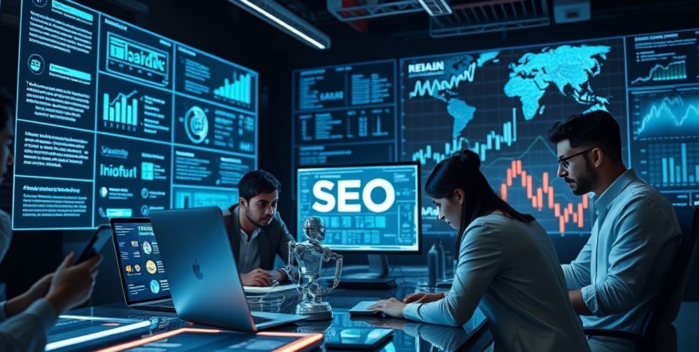 A futuristic workspace where Persian SEO consultants collaborate with advanced AI holograms and interactive graphs. Persian keywords illuminate panels, while digital assistants analyze real-time search trends.