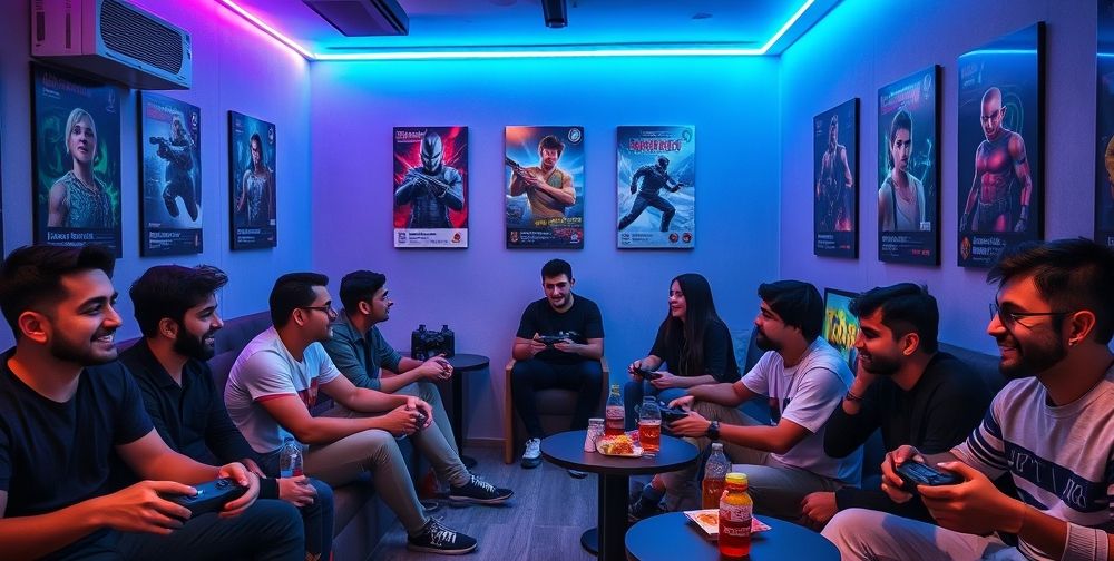A Persian gaming lounge, soft blue and purple neon lights, young men and women laughing and playing PlayStation and Xbox consoles, posters from classic and modern games on the wall, snacks and drinks on small tables, atmosphere of excitement and friendship.