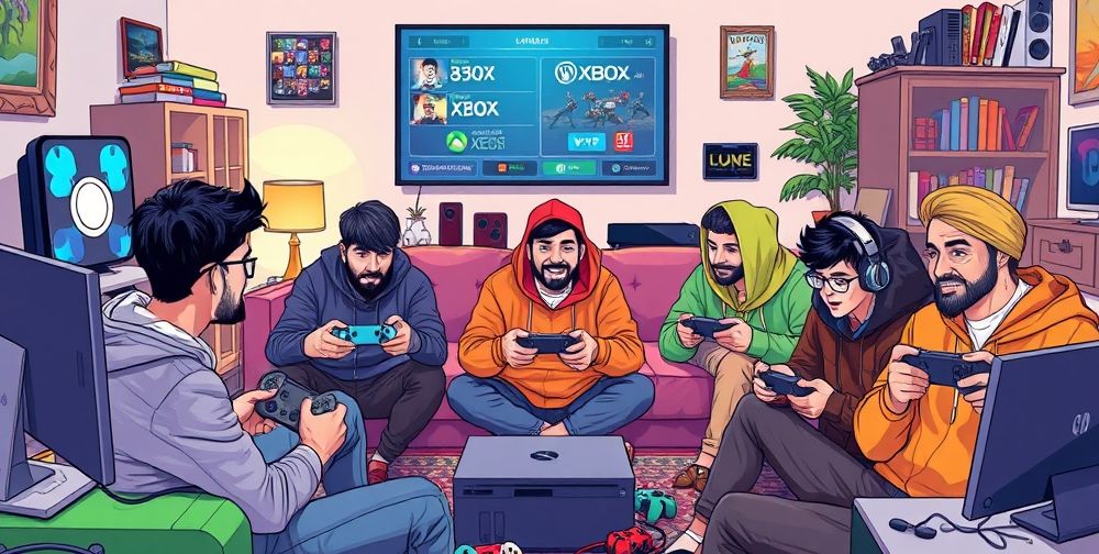 A detailed digital illustration of a diverse group of Iranian gamers, men and women, excitedly gathered in a tech-friendly home, playing video games on multiple consoles including PlayStation, Xbox, and Nintendo Switch, with leaderboards displayed on a large screen and vibrant gaming accessories filling the scene.