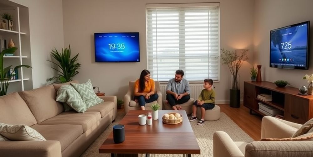 A cozy, modern Iranian living room where a family uses smart home devices—a voice assistant on the coffee table, automated blinds, and a wall-mounted screen displaying a personalized daily schedule.