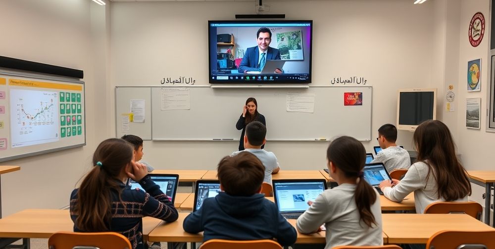 A high-tech classroom in Iran with students of various ages, each using tablets or laptops connected to an AI-powered platform. Digital boards display personalized lesson plans, and a teacher interacts with both in-person and remote students via live video.
