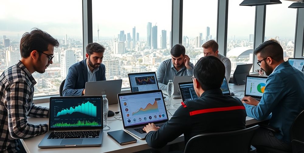 A busy tech startup office in Tehran with diverse young Iranians collaborating over laptops showing colorful data dashboards and AI-powered project management apps. City skyline visible through large windows, symbolizing growth and innovation.
