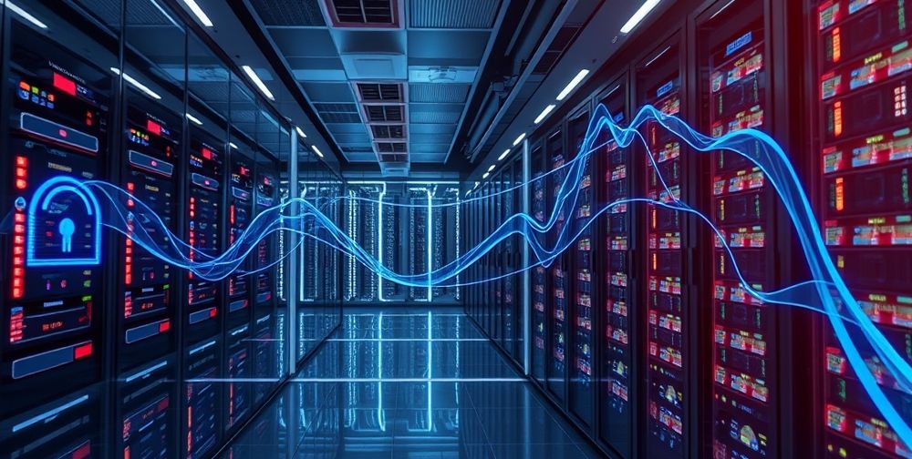A high-tech server room with glass walls, rows of blinking rack servers, security holograms, and data streams visualized as neon blue flows, evoking resilience and protection in AI deployments.