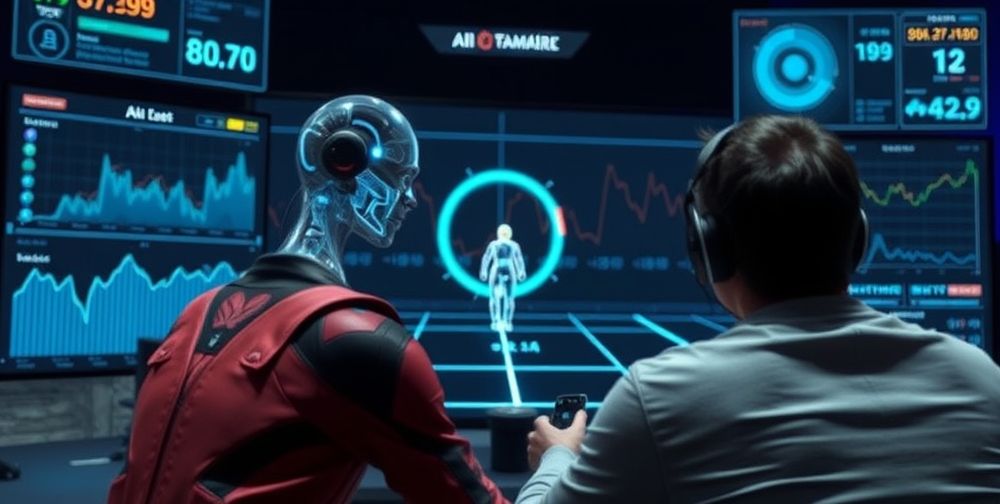 A modern gaming environment with a player facing an on-screen AI opponent. In the background, data visualizations such as graphs monitor real-time performance and adaptive difficulty changes, illustrating AI’s role in dynamic gameplay.