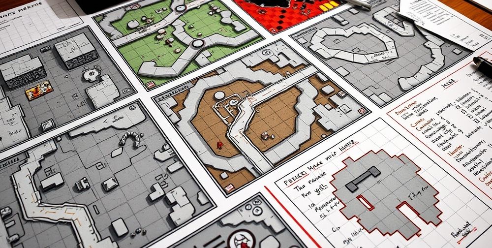 A detailed close-up of multiple game level maps spread out on a designer’s table, with AI-powered data charts, handwritten notes, and code snippets that indicate the analysis of players’ difficulty and performance trends.
