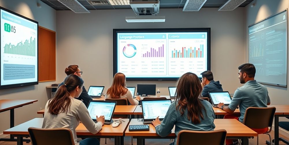 An advanced digital classroom setting, with interactive screens displaying data analytics on language progress, diverse students using tablets, AI chatbots shown assisting learners, and a natural atmosphere emphasizing human connection and technology.