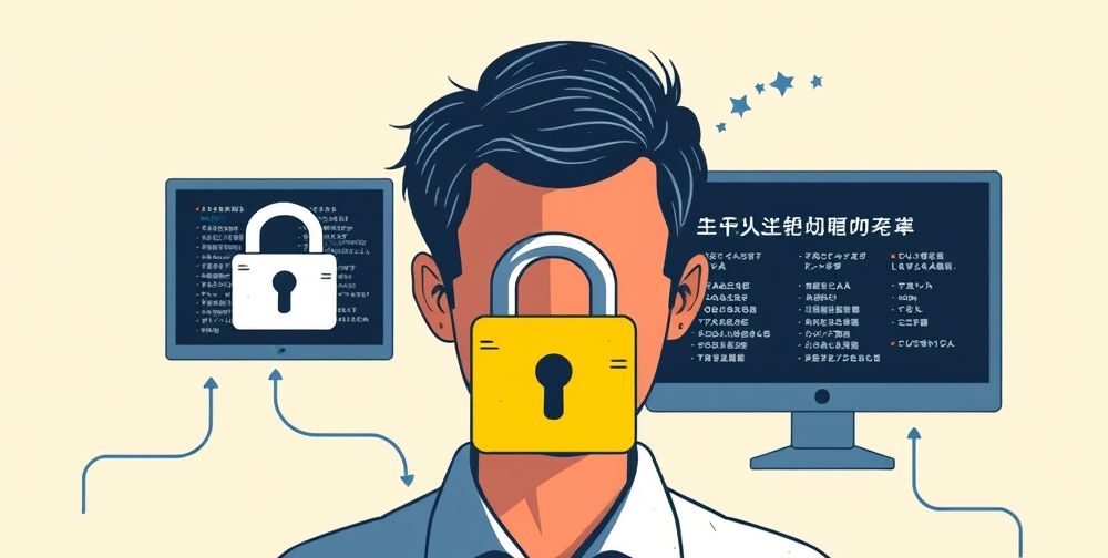 A thoughtful graphic showing an individual reflecting between a stylized lock symbolizing data security and digital screens showing cultural language nuances, capturing the dual concerns of privacy and sociocultural challenges in AI-powered language learning.
