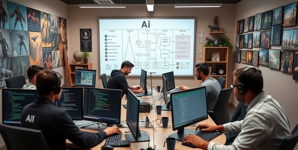 A modern mobile game development studio. Multiple developers are working on computers with AI code visible, walls filled with game art, and a digital whiteboard displaying AI flowcharts for intelligent NPCs and procedural generation.