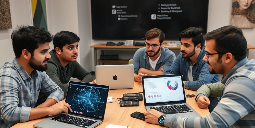 A group of young Iranian mobile developers collaborating in a creative workspace, discussing AI integrations. Laptops show visualizations of neural networks and charts indicating user engagement and anti-fraud systems.