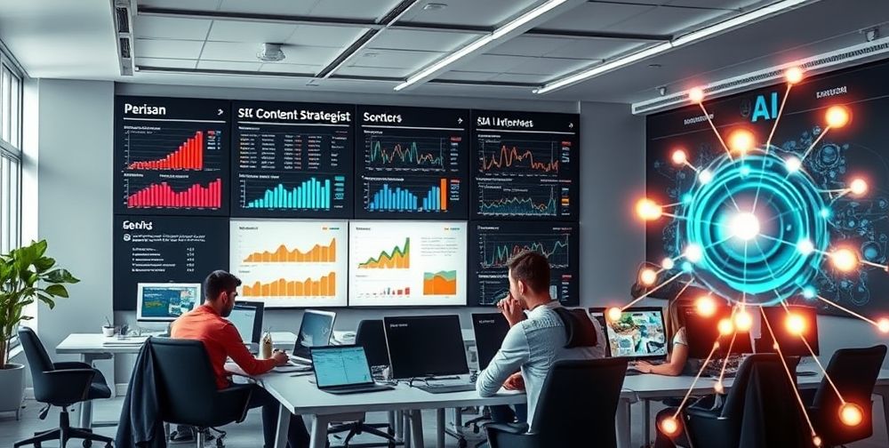 A modern workspace with Persian language content strategists collaborating, large screens displaying SEO statistics, and AI tools visualized as glowing neural networks, illustrating the fusion of AI and content creation.