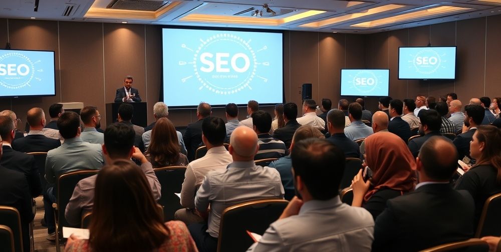An engaging Persian digital marketing seminar, speakers discussing SEO content, AI icons glowing behind them, a diverse audience taking notes, and Persian brand logos on screens.