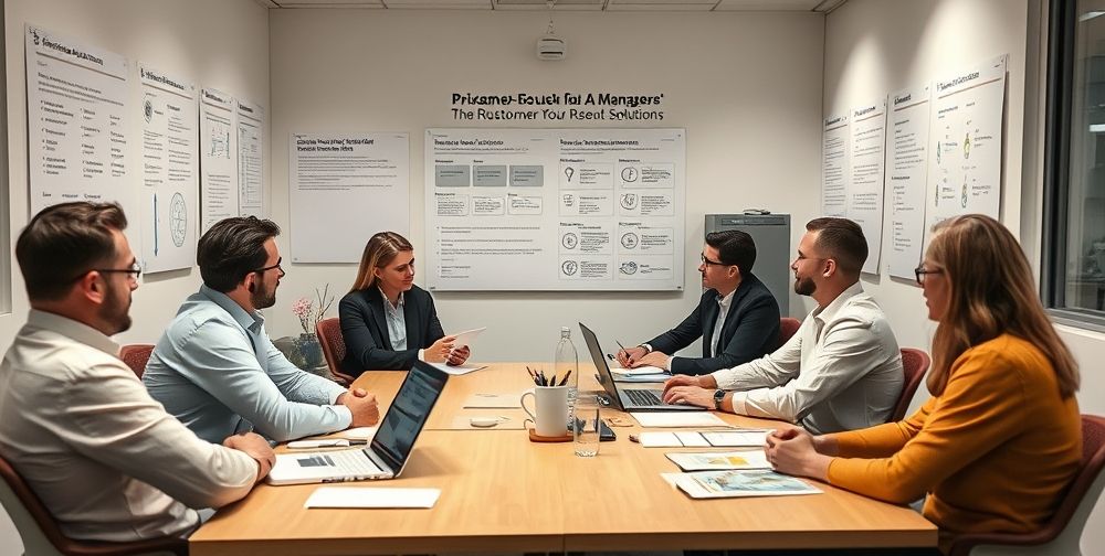 A meeting room in a tech company where managers discuss the privacy and ethical considerations of implementing customer-focused AI solutions, with charts displaying risk analysis, compliance checklists, and a visible emphasis on responsible use of technology.