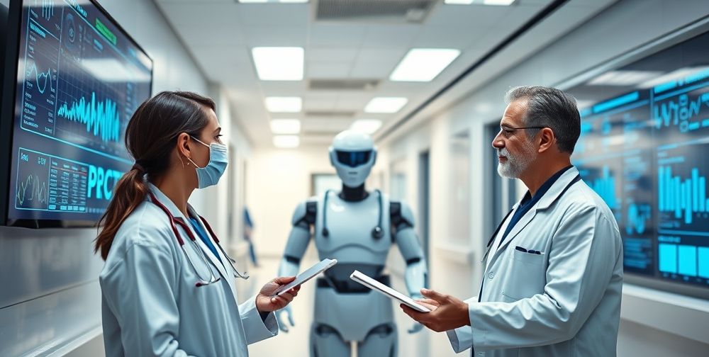 A modern hospital scene with doctors interacting with advanced AI-powered health monitoring screens, digital patient charts, and a robotic assistant in the background. The environment is clean, welcoming, and full of real-life energy, showing seamless technology-human cooperation.