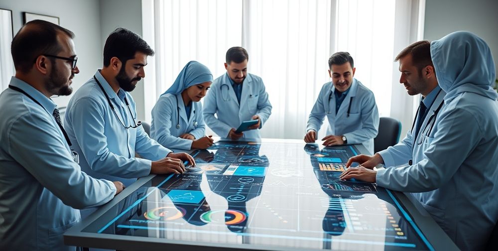 A team of Iranian healthcare professionals gathered around a large digital table, examining AI-generated data visualizations, predictive analytics dashboards, and interactive medical simulations. Soft natural light fills the room, representing innovation and teamwork.