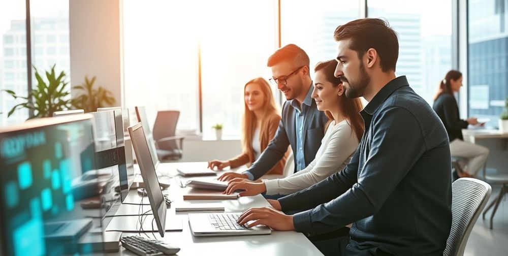 A modern office environment with a diverse international team of men and women working collaboratively with AI-powered screens, holographic charts, and digital assistants; sunlight streaming through large windows.