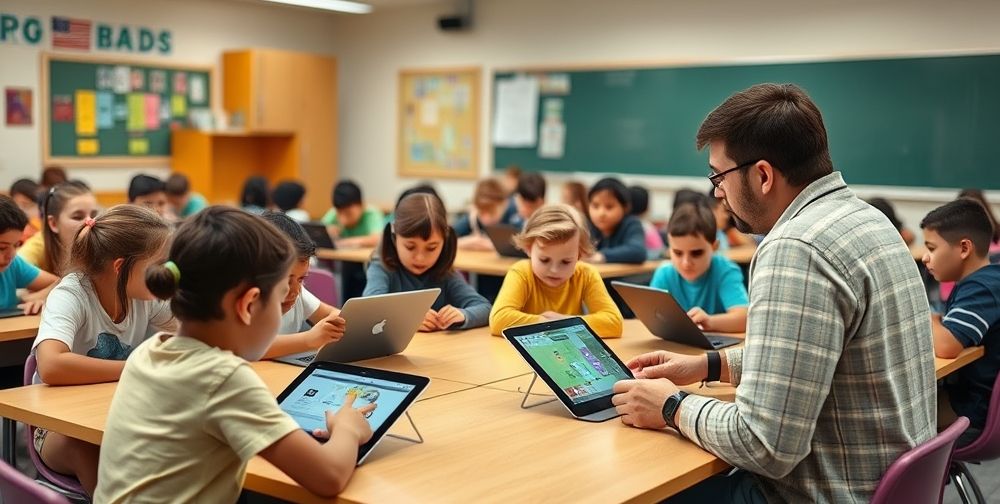 A classroom where children and adults are learning together, using tablets and laptops with interactive AI-driven apps; an inspiring teacher leading the lesson; vibrant, engaging atmosphere.