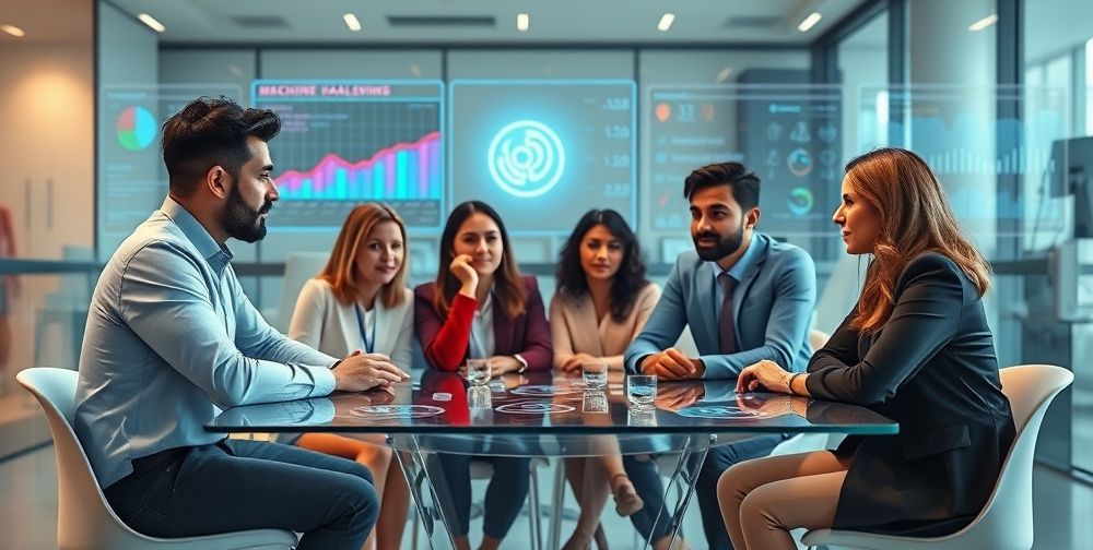 A high-resolution image showing a diverse team of e-commerce professionals sitting around a smart glass table, with large data dashboards, machine learning graphs, and ethical dilemma icons hovering in the background, capturing a debate about AI ethics in e-commerce.