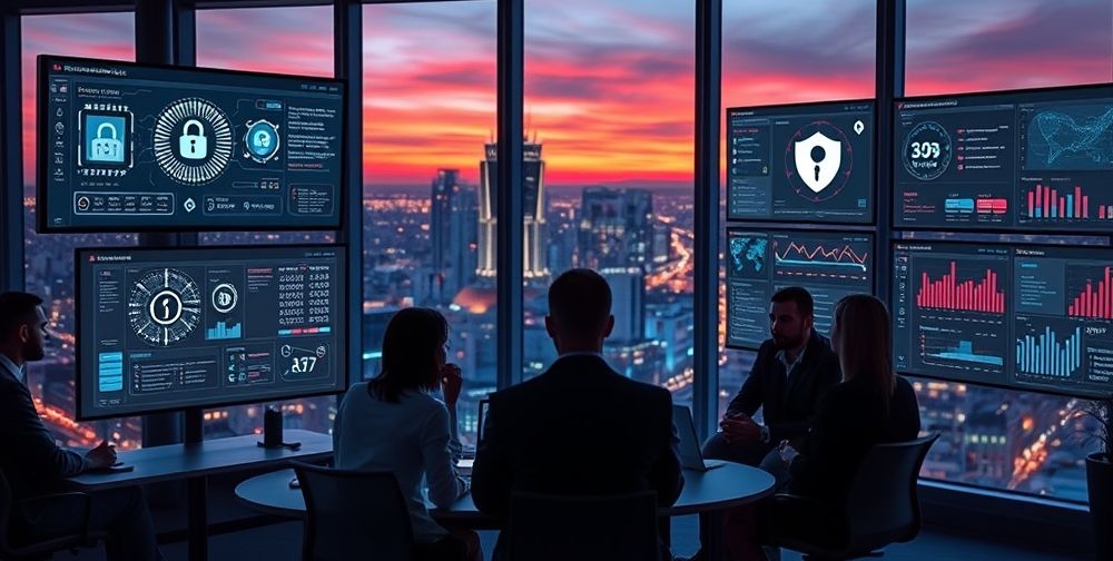An artistic scene in a modern e-commerce office overlooking a glowing cityscape at night. On widescreens, AI-powered dashboards highlight privacy icons, encrypted data flows, and warning symbols. Thoughtful professionals discuss privacy and ethical use of customer data.