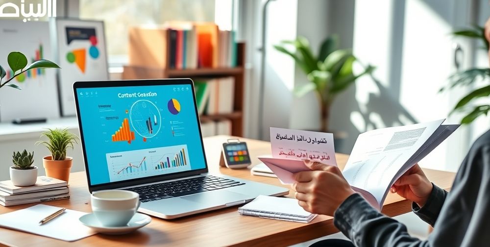 A modern workspace with a laptop displaying an AI-powered content generator, accompanied by charts, books, and a small plant on the desk. Daylight streams in, and a creative professional with papers and coffee is reviewing outputs in Farsi.