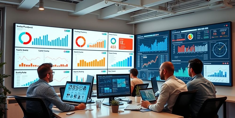 A modern office with a digital marketing team analyzing AI-driven SEO dashboards and keyword performance reports on large monitors; Persian charts and search trends are visible, suggesting teamwork and innovation.