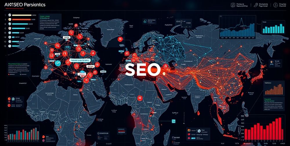 A sophisticated visual showing an AI algorithm mapping SEO rankings across a Persian digital marketplace. Schematics, data points, and interactive graphs dominate the scene, highlighting competition and brand focus.