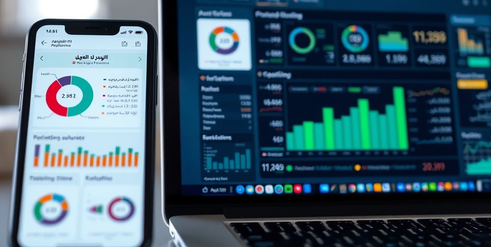Close-up shot of digital Persian language reports and analytics on a mobile and desktop display, showing AI-driven Persian infographics and actionable insights on monetization of information resources.