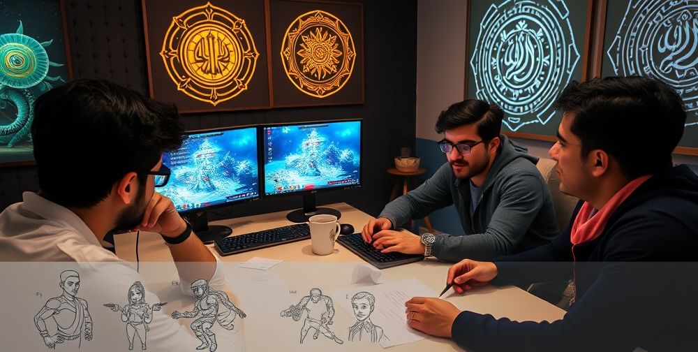 Young Iranian game developers in a modern Tehran studio, brainstorming around digital screens displaying Persian culture-inspired AI games; illuminated Persian calligraphy motifs on walls, coffee cups, and futuristic digital sketches showing character designs, all highlighting innovation and cultural fusion.