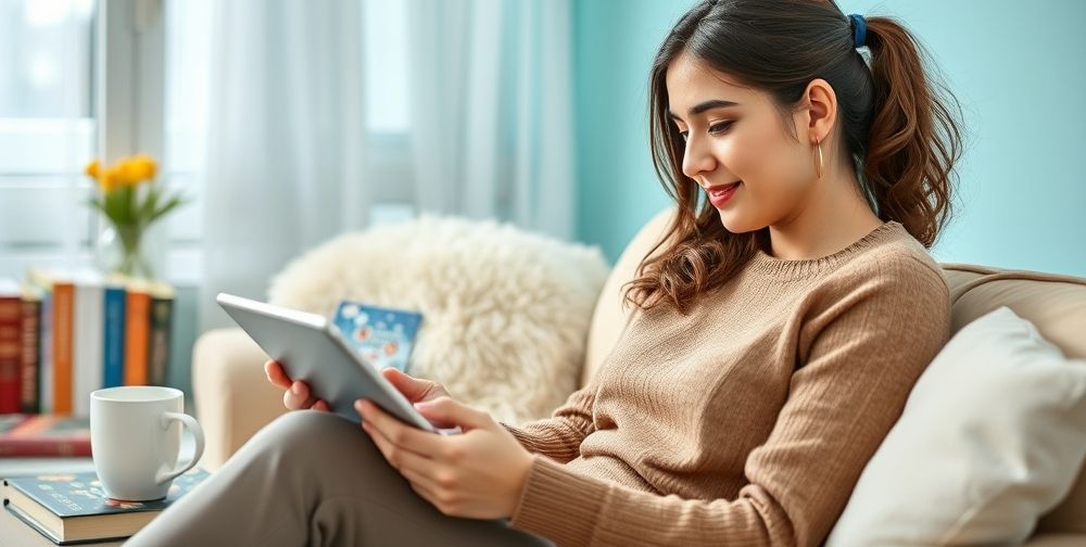 A young Iranian woman comfortably using a tablet at home, a digital interface displays personalized AI-powered English lessons, interactive chat bubbles, pronunciation feedback, and clear progress tracking. Bright, inviting ambiance with English books and a mug.