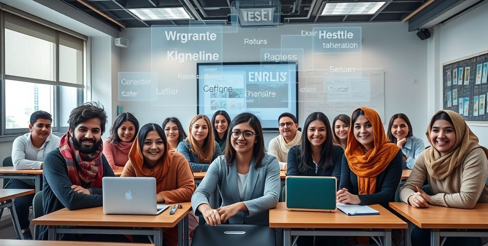 Group of diverse Iranian language learners smiling and interacting with an advanced virtual reality classroom scene. Holographic English phrases float above desks, tutors and AI avatars provide real-time corrections. Modern, hi-tech atmosphere.