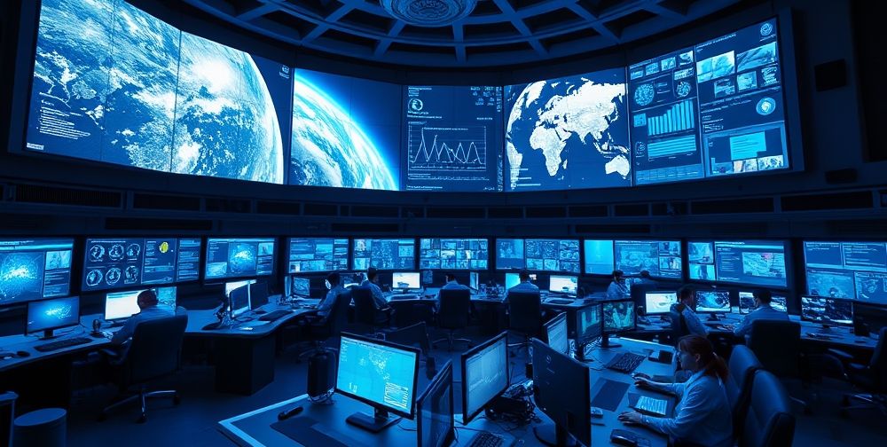 A highly detailed military control room with large multi-screen displays showing real-time satellite images, detected threat patterns, and collaborative security officers analyzing AI-generated data. The environment looks both technologically advanced and focused.
