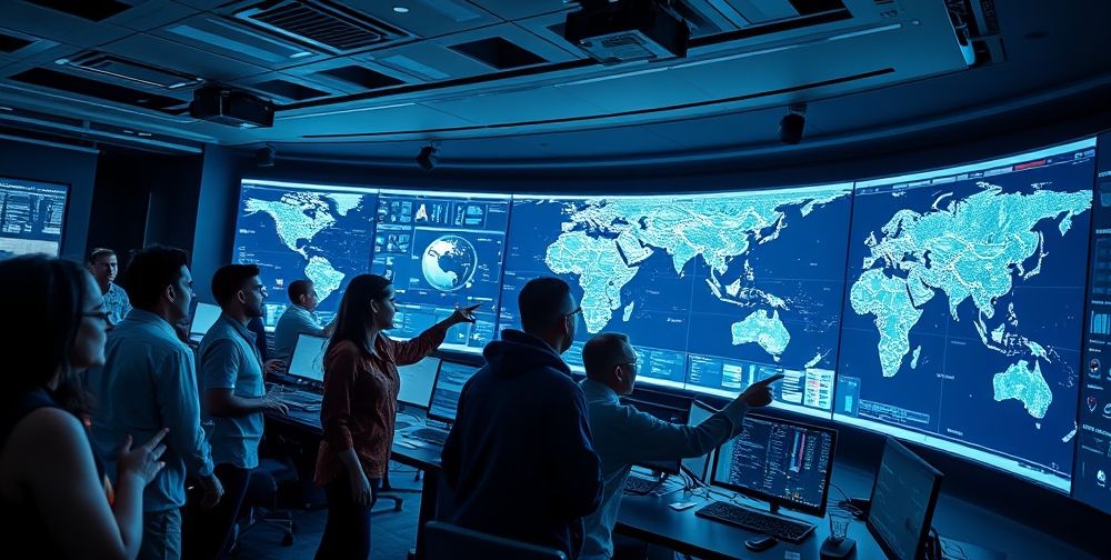 International security room with analysts from different countries, large digital maps, and seamless data exchange visuals illuminated with comfortable lighting. People discuss, point to screens, and work together with AI support.