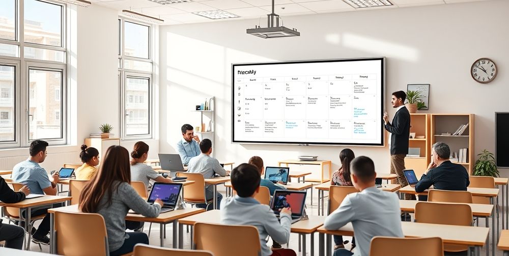 A modern Iranian classroom with interactive smartboards, students using tablets and laptops, and a teacher analyzing a digital weekly schedule on a large display.