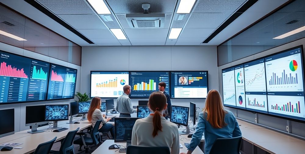 A school administrators’ office with charts and graphs on digital screens, AI-driven scheduling algorithms visually in use, and staff reviewing weekly performance analytics.