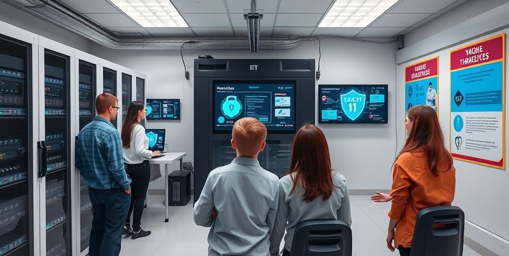 A secure school IT server room with modern backup devices, staff monitoring cybersecurity screens, and posters educating about digital safety protocols for school environments.