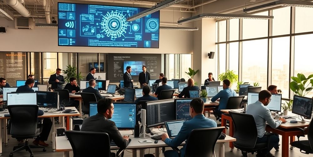 A modern high-tech office in Tehran, filled with Iranian men and women programmers collaborating around computers, large screens displaying AI algorithms, and startup founders pitching ideas.