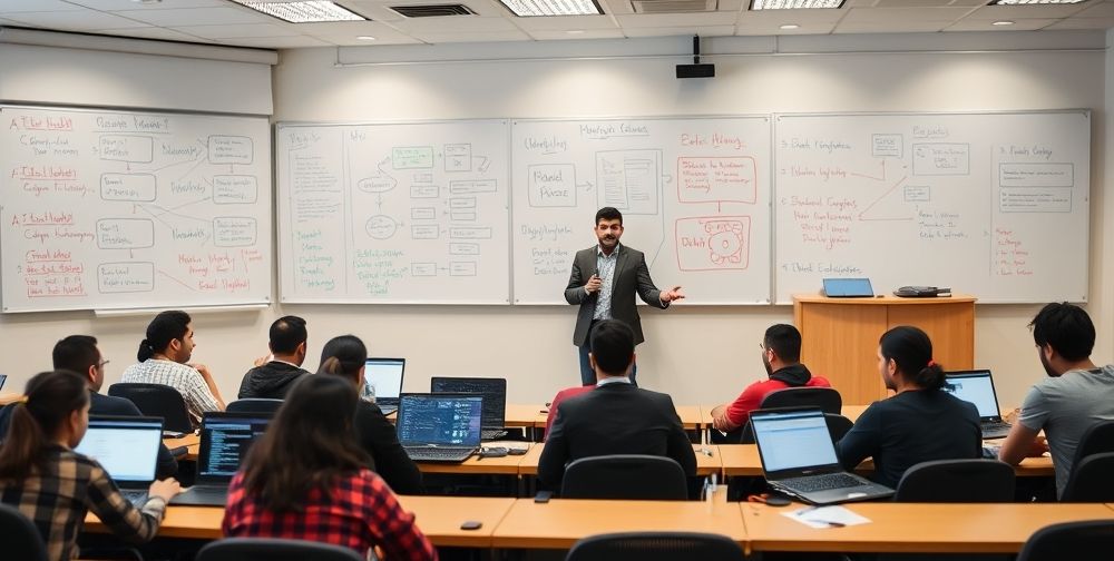 A university classroom in Iran, filled with students focused on coding laptops, large chalkboards with data flow diagrams, and an energetic instructor explaining AI concepts.