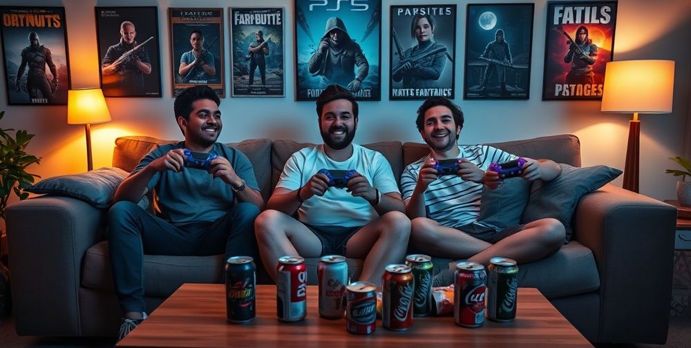 A cozy living room scene with three friends sitting on a couch, warmly lit, holding colorful controllers, playing PlayStation 5 together, with posters of famous games on the wall, snacks and soda cans on the coffee table, and laughter in the air.