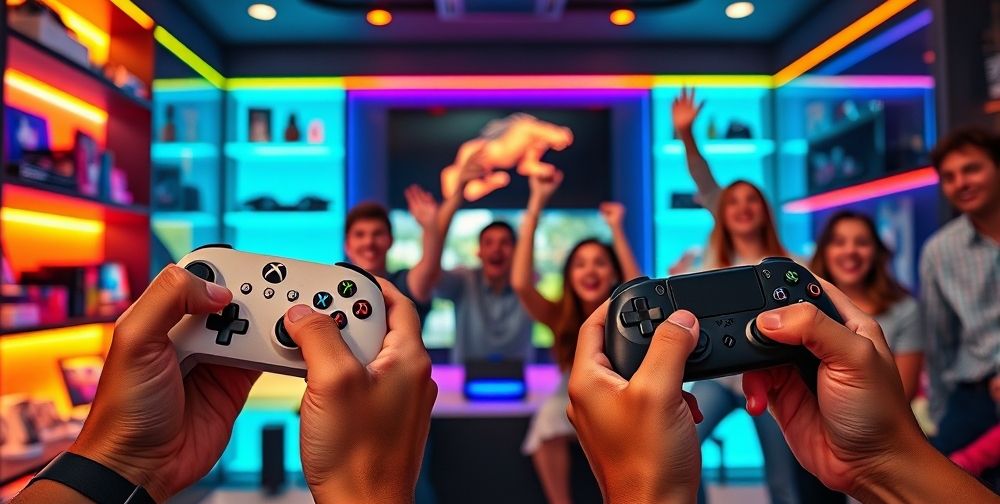 Close-up of hands holding Xbox and Nintendo Switch controllers over a glowing gaming setup, energetic young people smiling and cheering, stylish room with shelves displaying limited-edition game collectibles, and vibrant LED lights.