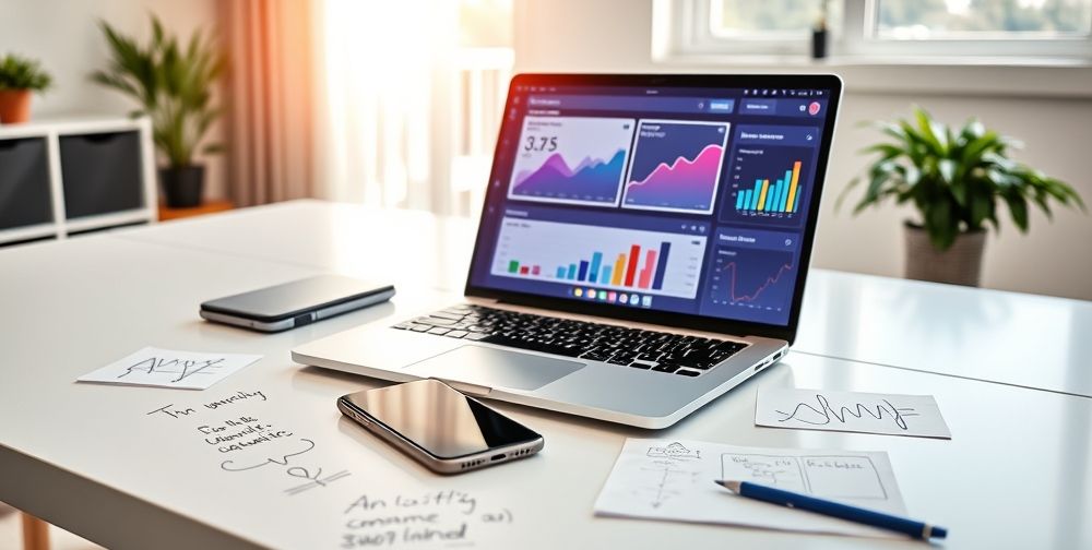 A modern home office with a laptop displaying analytics dashboards, a smartphone running an AI-powered app, and handwritten notes about business ideas, symbolizing accessible AI-driven income opportunities for individuals and freelancers.