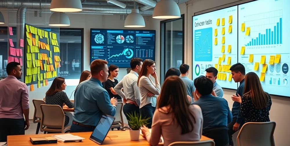 A creative coworking space with people discussing AI and business strategies, sticky notes with startup ideas, and digital screens showing charts, reflecting teamwork and the collaborative, practical steps for utilizing AI to generate income.
