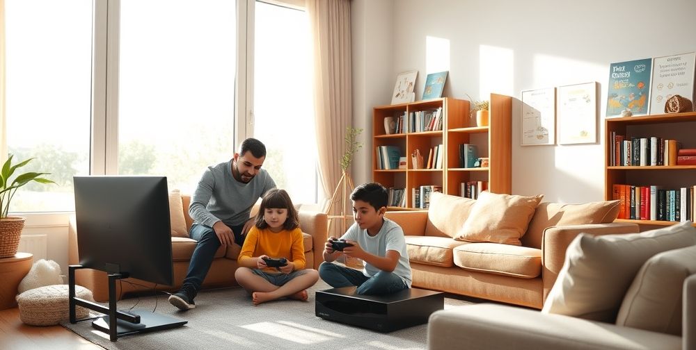 A modern Iranian living room with a family (parents and two children) watching kids playing video games on a PlayStation console. Daylight from large windows, bookshelves and some educational posters on the wall, soft, inviting colors and a sense of family interaction and learning.